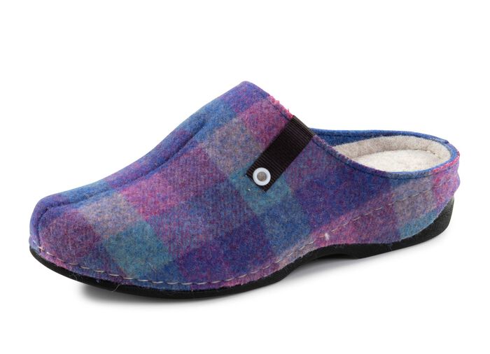 Laurina pantoffels gemaakt van geruit textielmateriaal BLAUW-PAARS