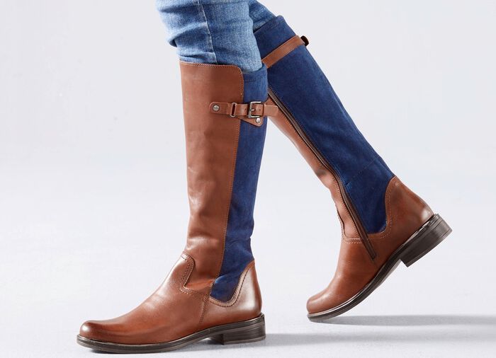 Caprice-laarzen van fijn nappaleer en elastisch textielmateriaal COGNAC-MARINE