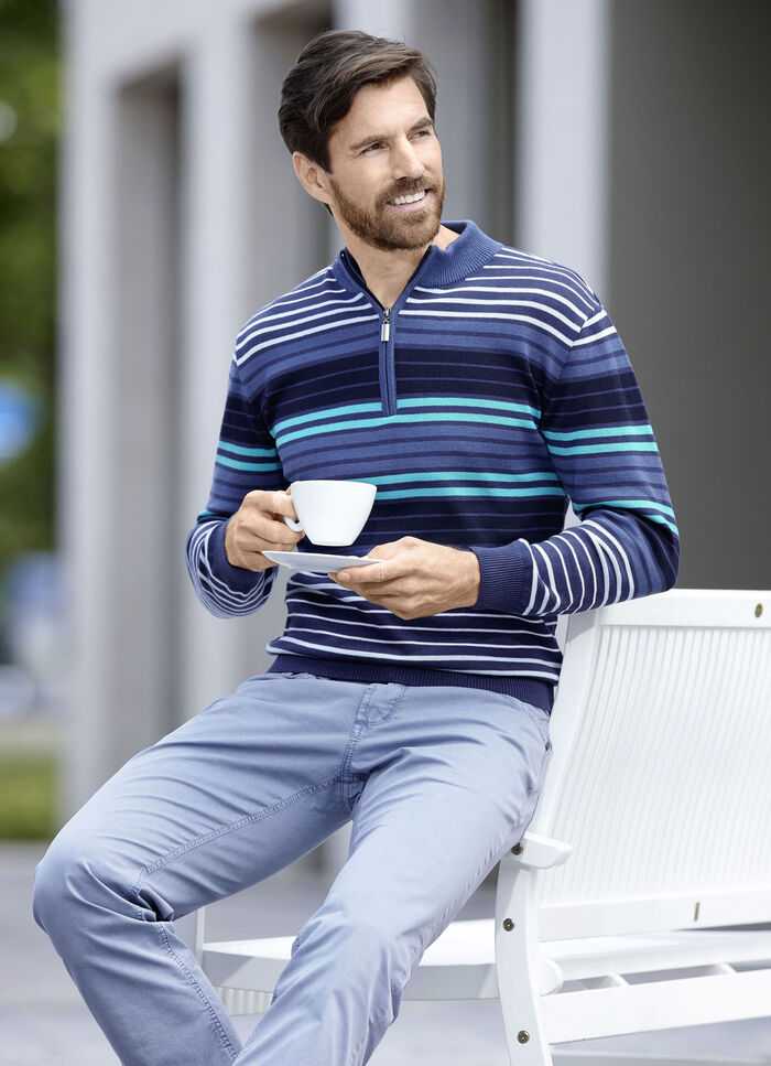 Gestreepte troyer met korte ritssluiting MARINE-TURKOOIS