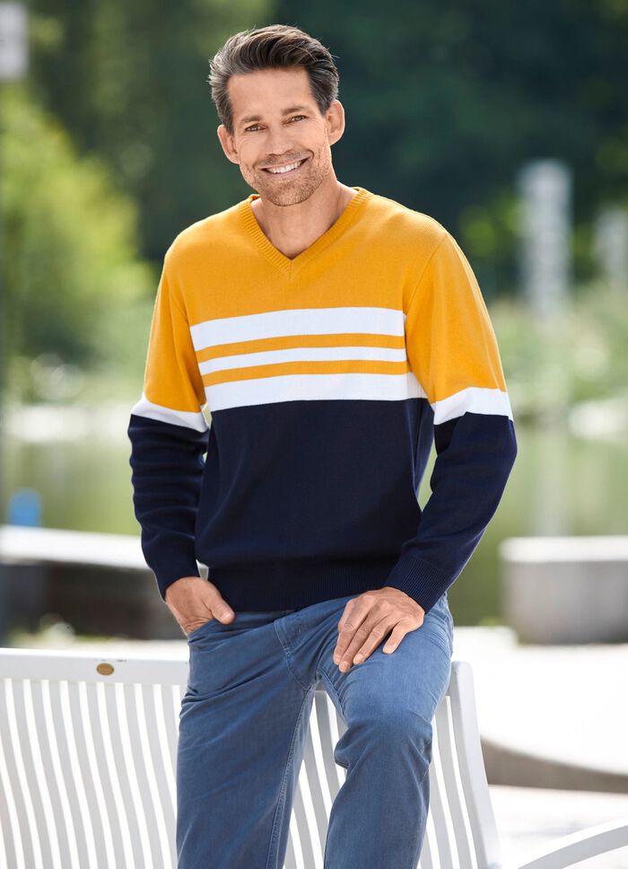 Modieuze V-hals trui MARINE-OCKER-WEISS