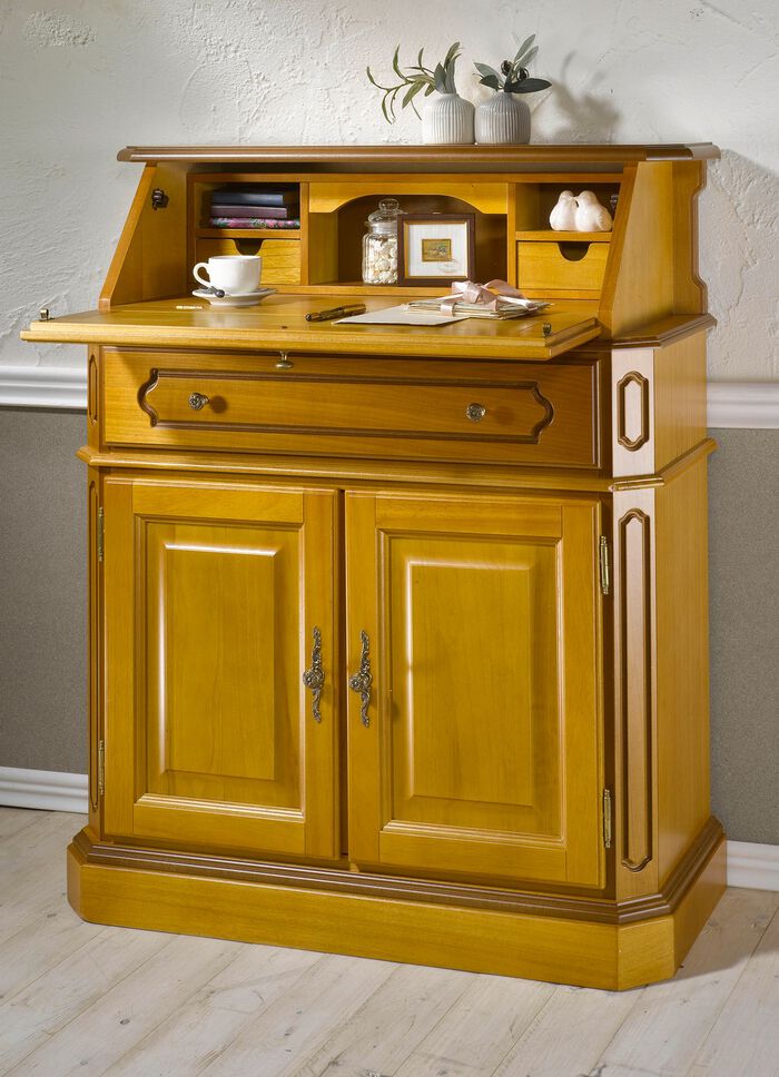 Deels massieve secretaire met metalen handgrepen 