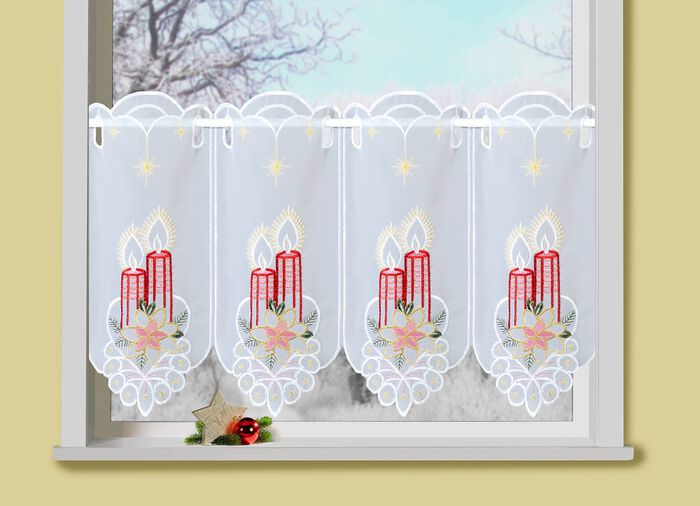 Korte venstervitrage met geborduurd kerstmotief 