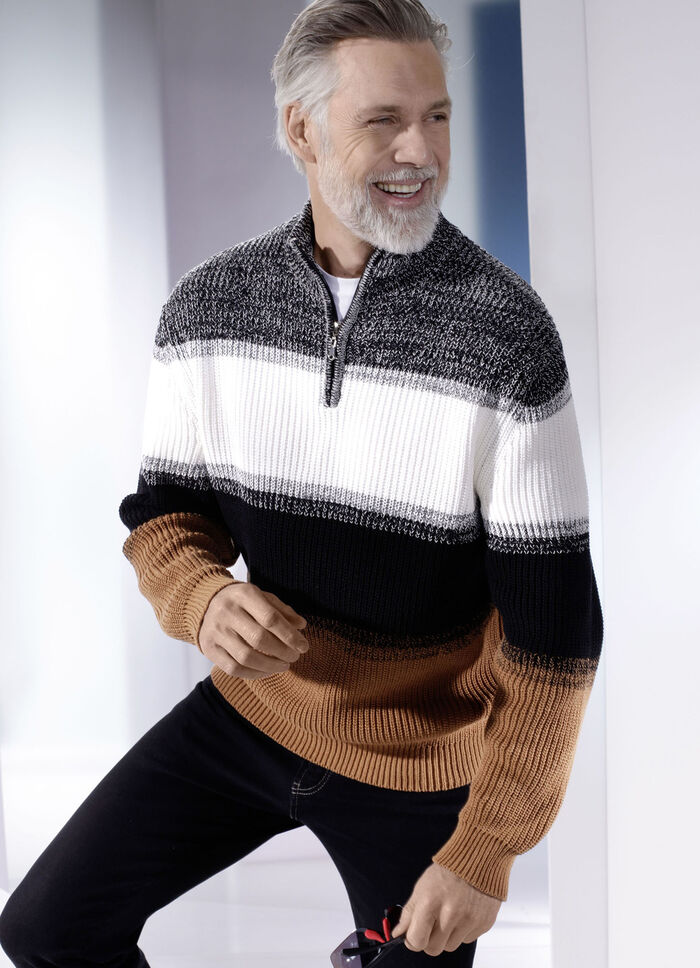 Schipperstrui met korte ritssluiting WIT-ZWART-KAMEEL