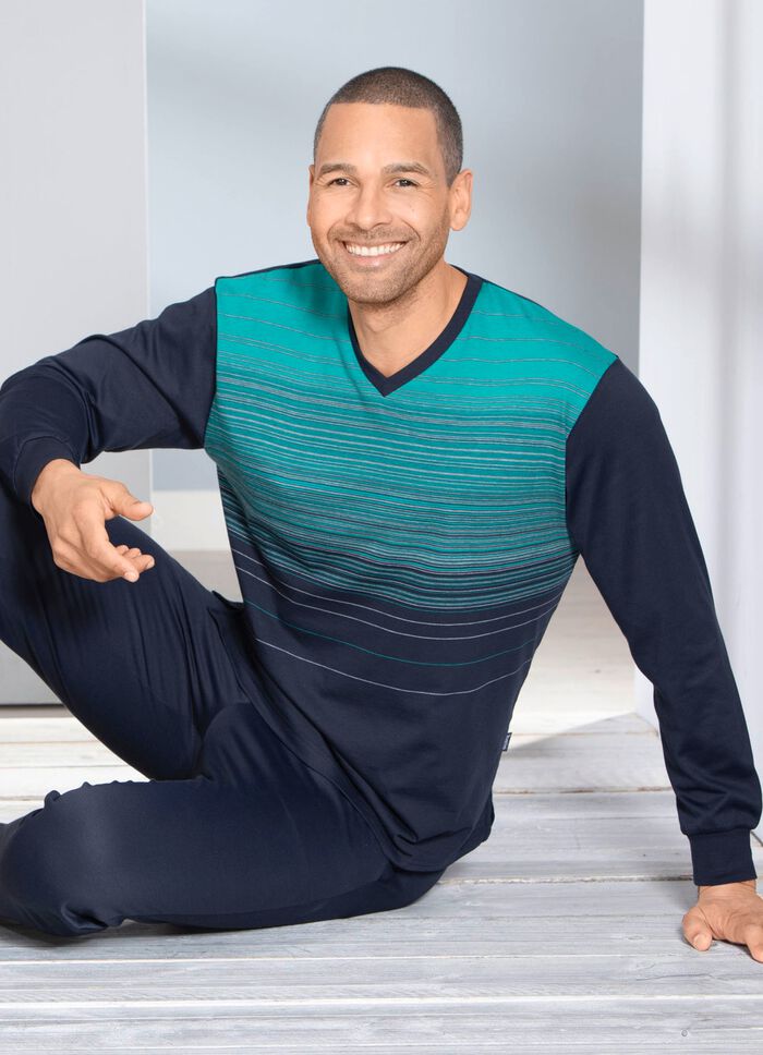 Hajo ademende comfort pyjama met V-hals en in het garen geverfd streepdesign 