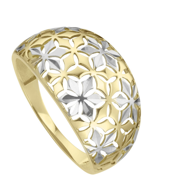 Opengewerkte damesring in bicolor met bloemmotief