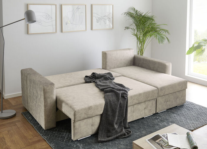 Gestoffeerde hoek met bedfunctie BEIGE