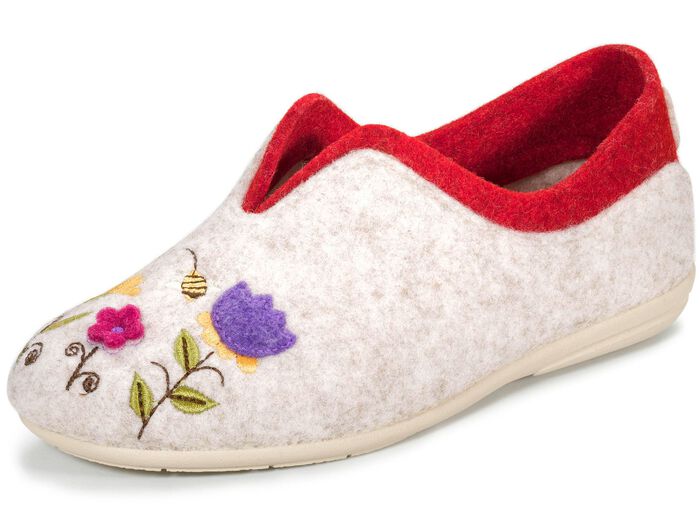 Laurina, klassieke damespantoffels, breedte G, met fantasierijk motiefborduurwerk LICHT BEIGE-KLEURRIJK