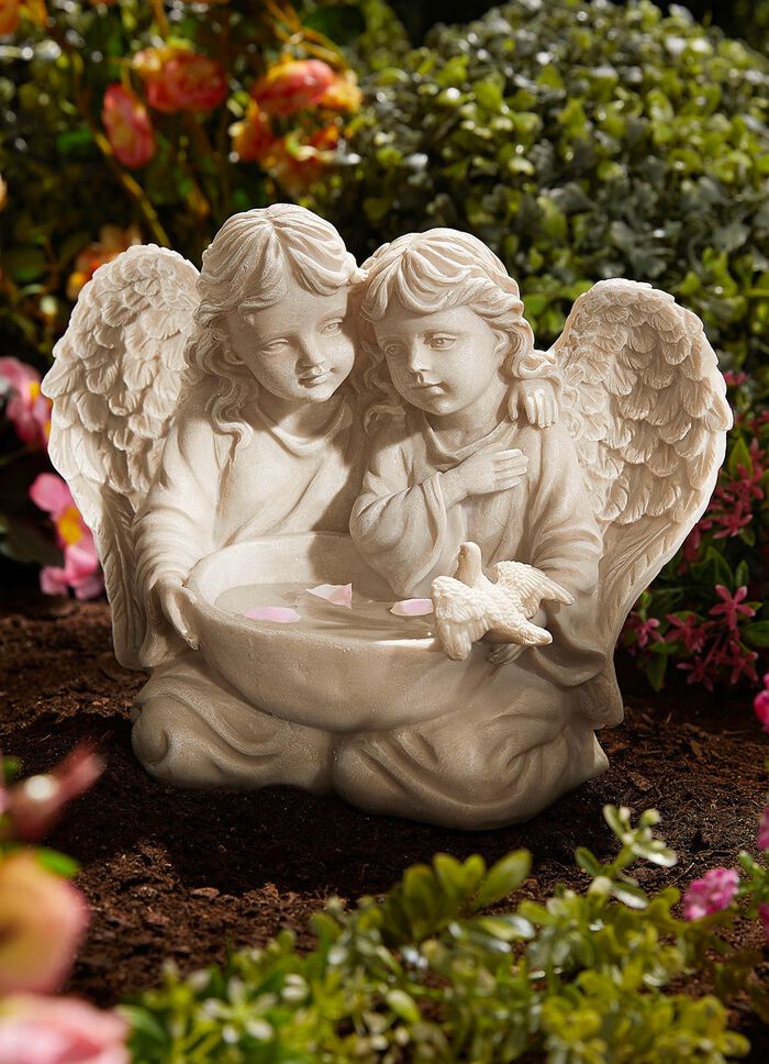 vogelbad engel paar ANTIQUE-WIT