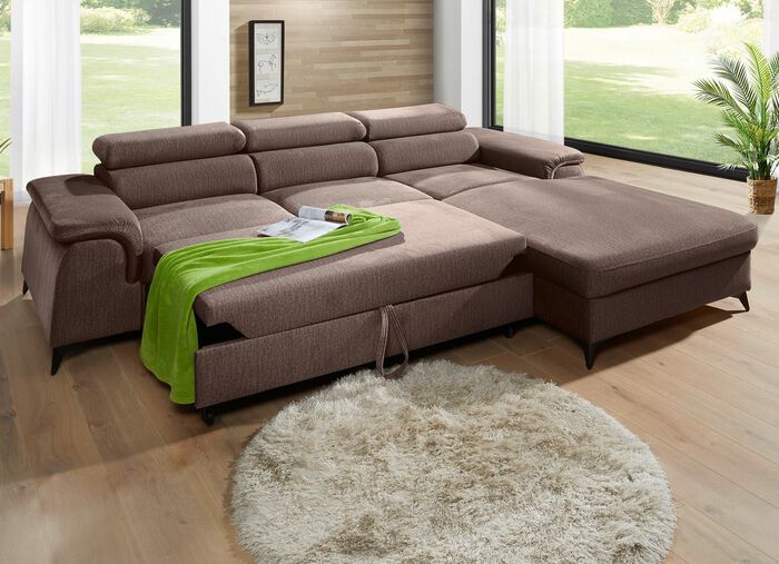 Gestoffeerde hoekeenheid met bedfunctie en verstelbare hoofdsteunen TAUPE