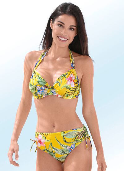 Bikini met beugel, slipje kan aan de zijkant geplooid worden 