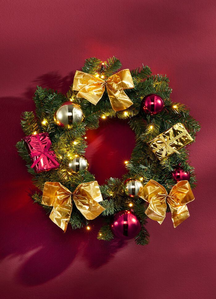 Verlichte dennenkrans ROOD-GOUD