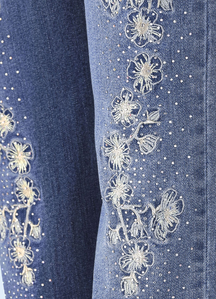 Elegante jeans met borduurapplicaties en strass steentjes JEANSBLAUW