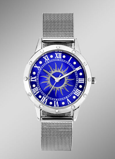 Zilverkleurig dameshorloge met zonnemotief en kristalaccenten 