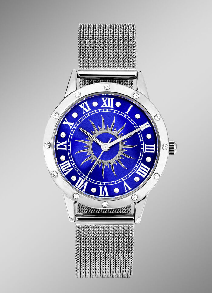 Zilverkleurig dameshorloge met zonnemotief en kristalaccenten 