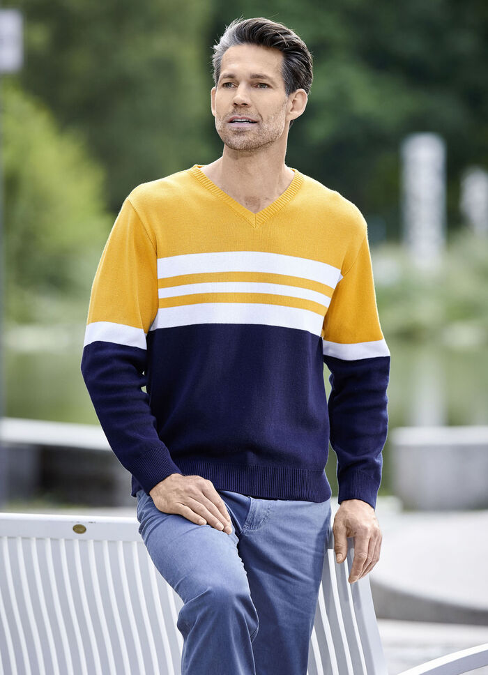 Modieuze V-hals trui MARINE-OCKER-WEISS