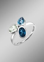 Harmonie van kleuren: damesring met blauwe topazen en groene amethist 