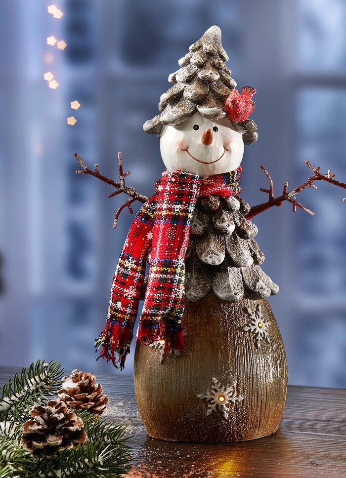 Verlichte sneeuwpop van polyresin BRUIN-ROOD