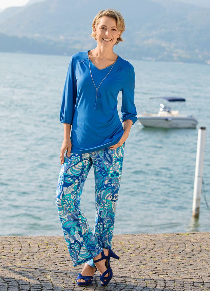 Shirt met glanzende rand aan de V-hals in 2 kleuren KONINKLIJK BLAUW