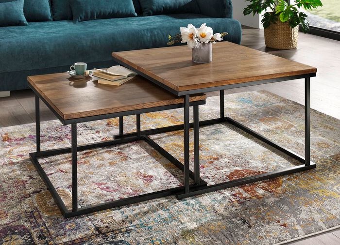 Salontafelset, 2-delig, op een zwart geverfd metalen frame DONKERZWARTE EIK