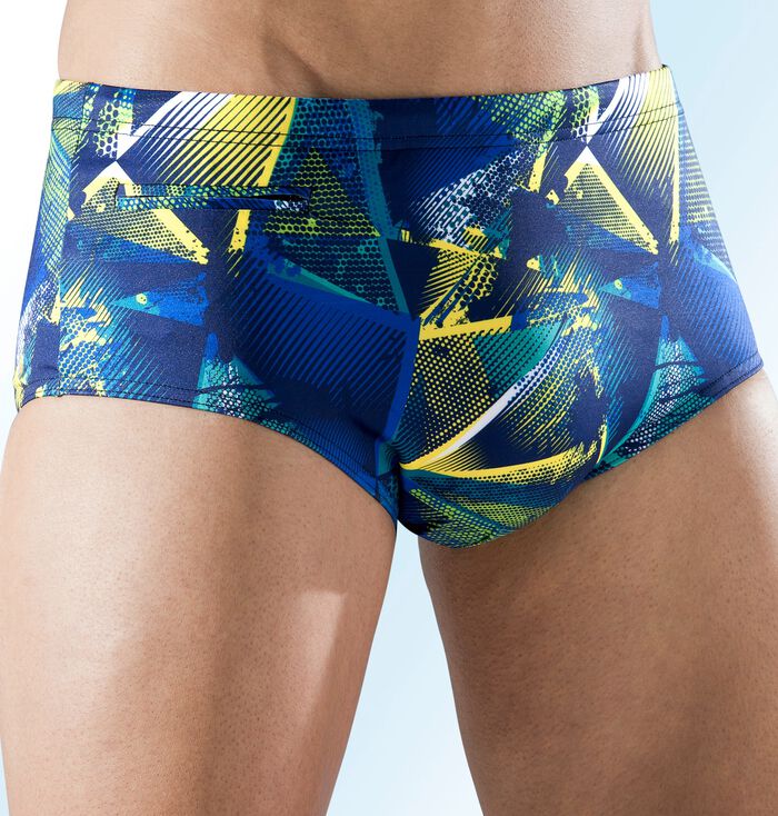 Zwembroek in hoge slipvorm met multicolor print 