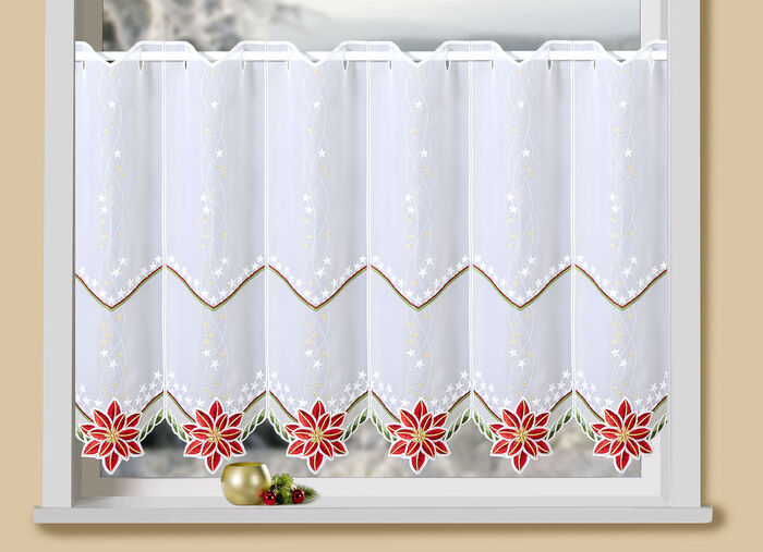 Korte venstervitrage met bloesem en kerstster 