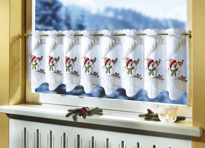 Kort gordijn sneeuwpop en vogel 