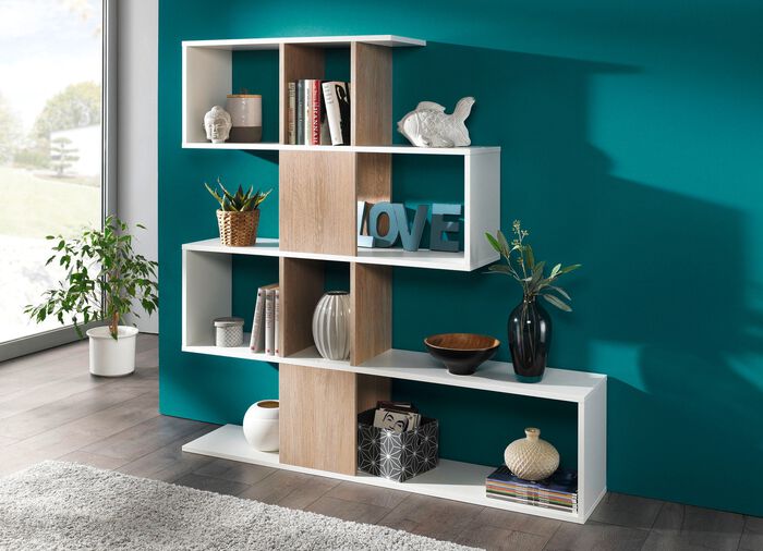 Innovatieve staande plank met grote vakken en 5 niveaus WIT EIKEN