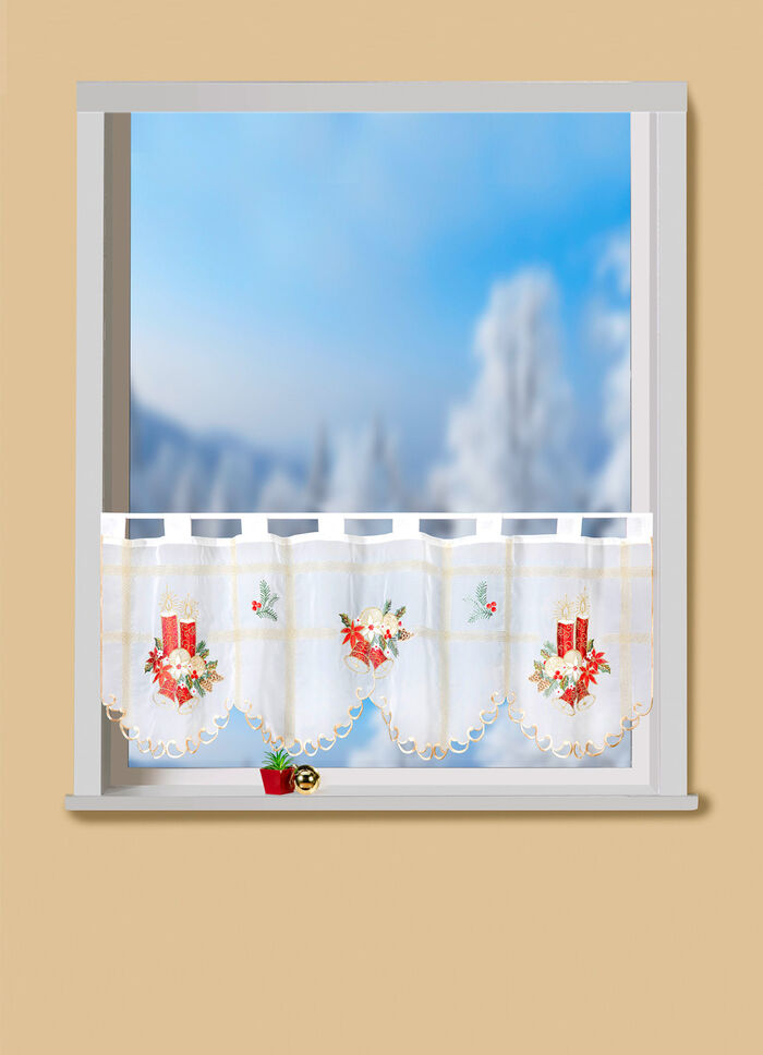 Kort kerstgordijn met gouden glanzende garenversieringen 