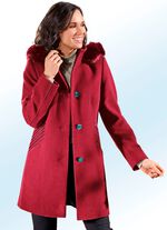 Lange jas in 2 kleuren met contrasterende decoratieve stiksels op de zijzakken KARMIJNROOD