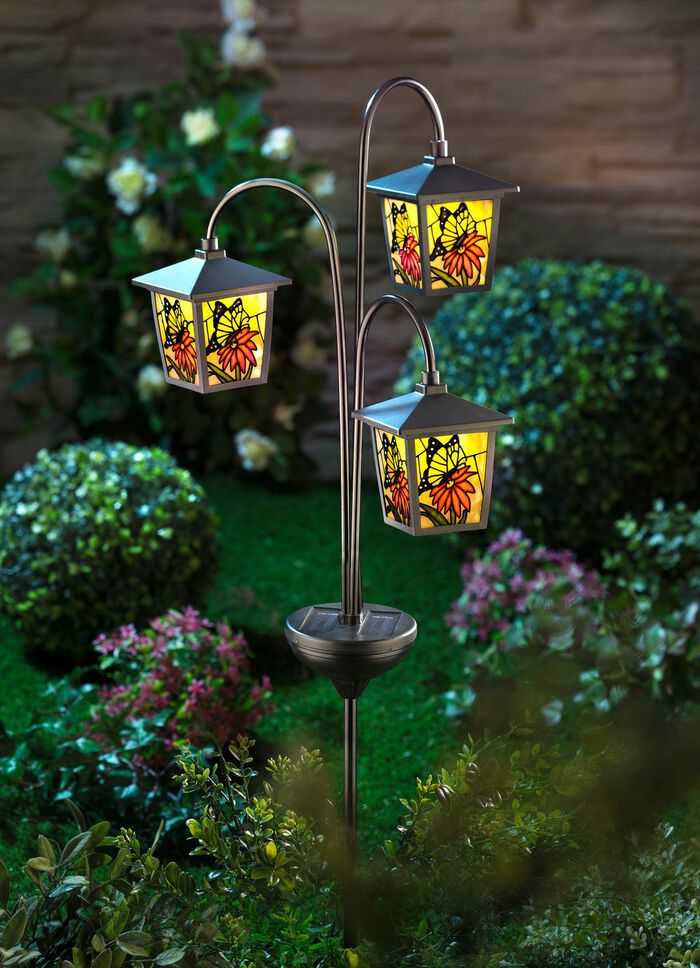 Trio lantaarns op zonne-energie, met vlindermotieven 