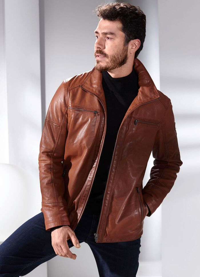 Kort leren jasje met opstaande kraag 