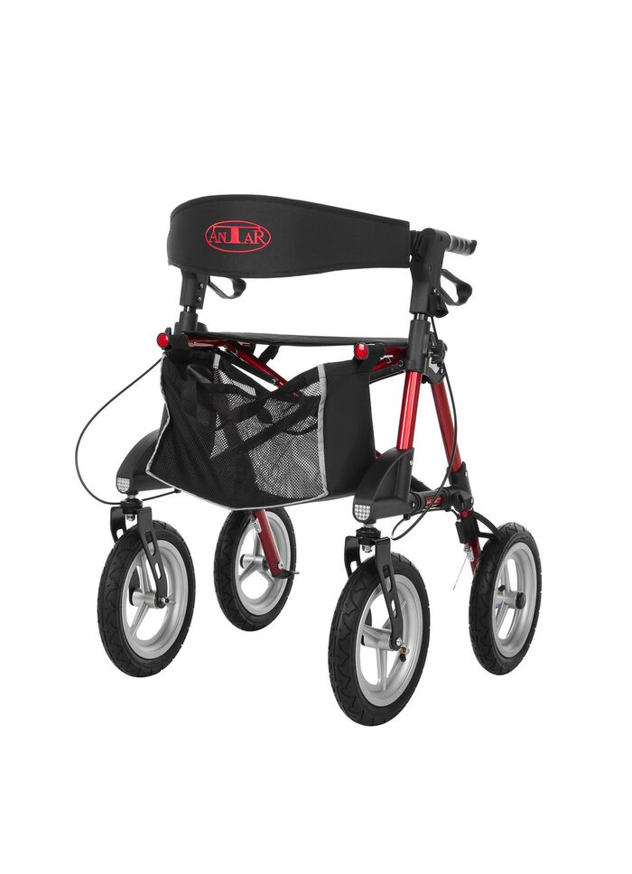 Rollator voor buiten, inclusief tas en houder voor wandelstokken. 