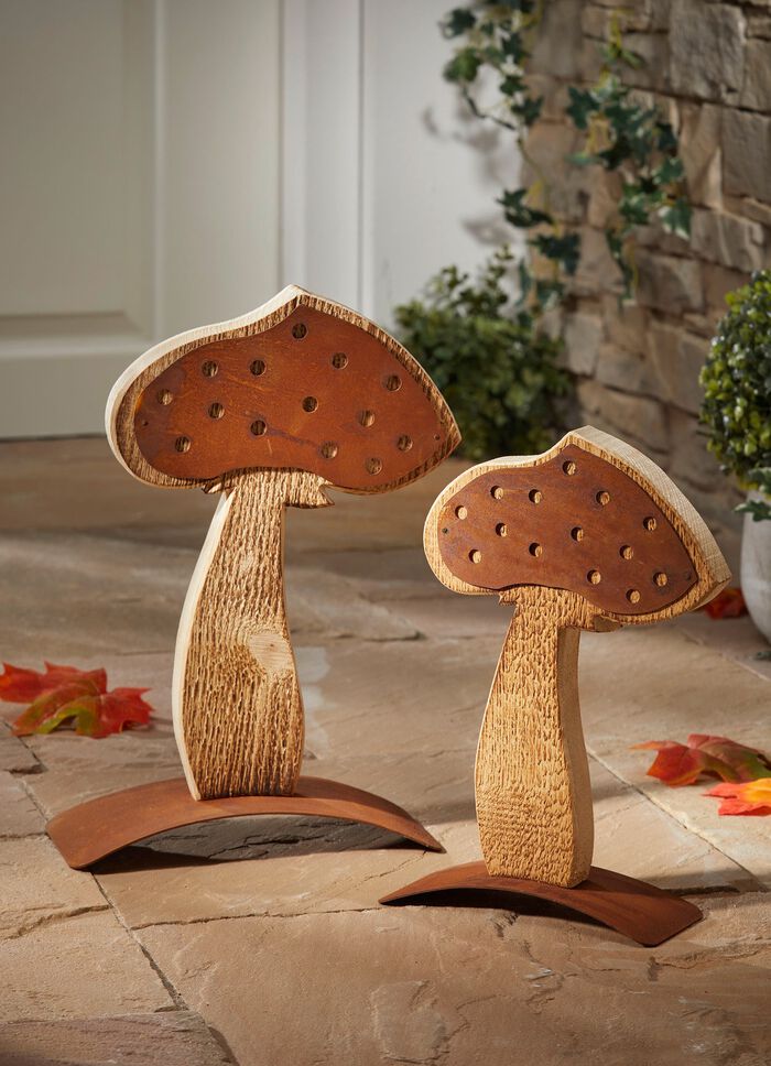 Paddenstoel van verroest plaatstaal en gevlamd vurenhout 