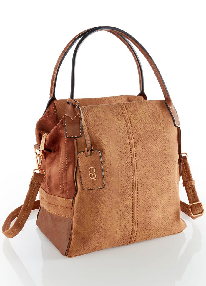 Collezione Alessandro tas gemaakt van deels veloursmateriaal met reptielreli&euml;f COGNAC