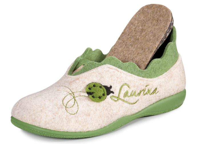 Laurina vilten pantoffels met fantasierijk borduurwerk ECRU-GROEN