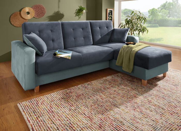 Gestoffeerde hoek met bedfunctie en 2 sierkussens HELLBLAU-DUNKELBLAU
