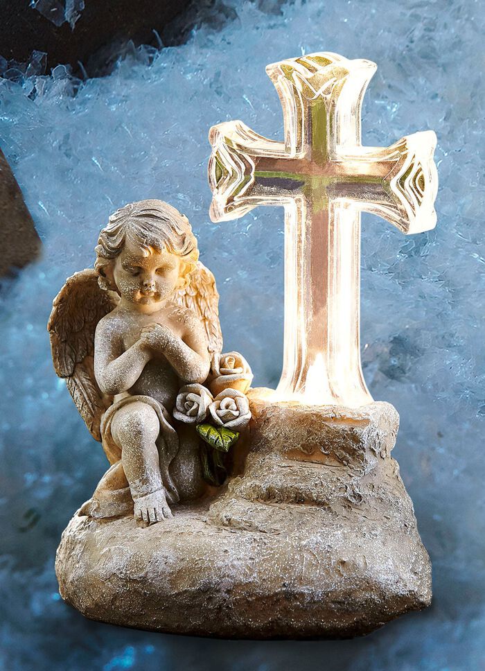 Herdenkingsengel op zonne-energie, van weerbestendige kunststeen 