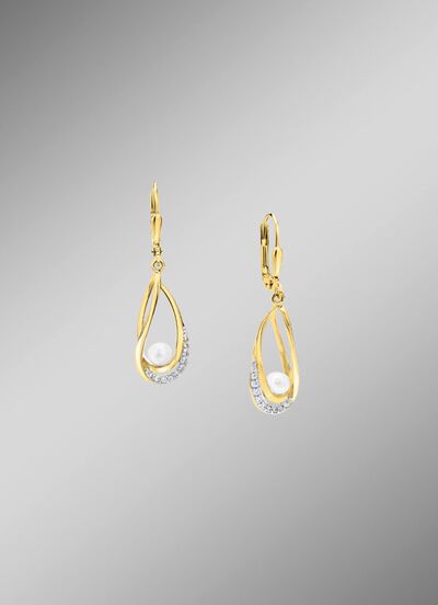 Oorbellen met zoetwaterparels en synthetische zirkonia 