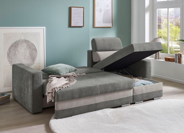 Comfortabele gestoffeerde hoekbank met bedfunctie 