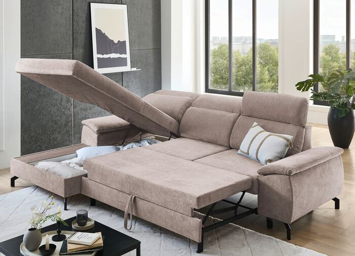 Gestoffeerde hoek met bedfunctie en bedkast BEIGE