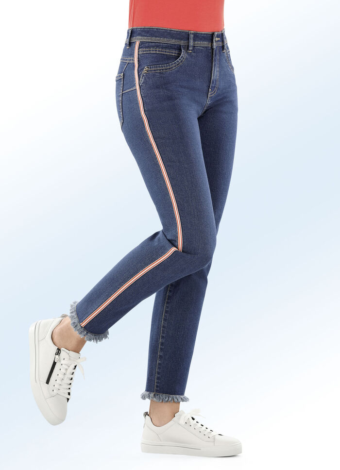 Jeans met een modieuze sierband JEANS BLAUW-ECRU-ORANJE