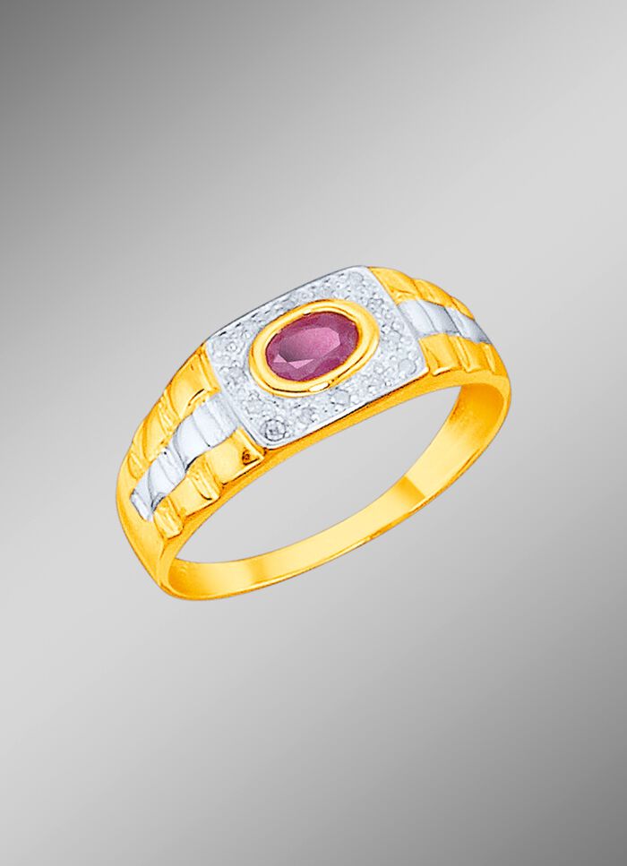 Massieve partnerring met 14 diamanten en echte robijn 