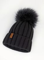 Trendy dameshoed met brede manchet en imitatiebont pompon ZWART