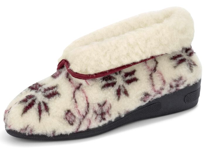 Pluche enkellaarsjes met voering van zuiver scheerwol ECRU-ROOD