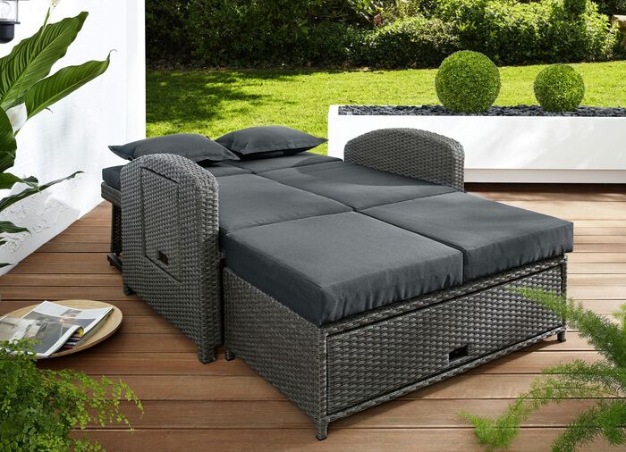 Tuinbank 'Nizza' met ligfunctie, van gevlochten kunststof 
