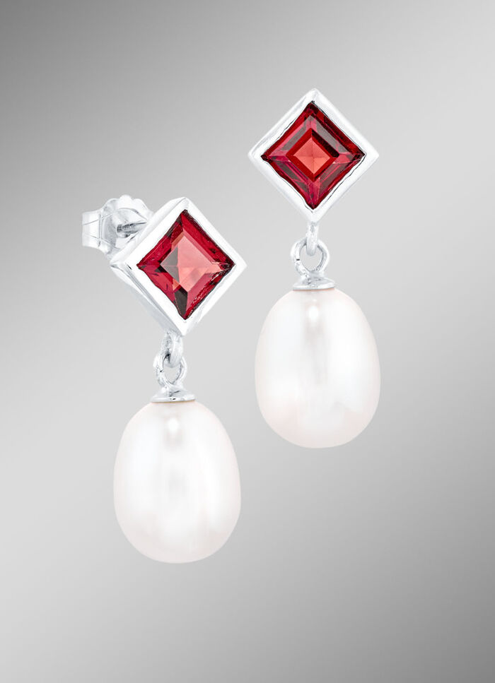 Elegante oorbellen met echte granaat en zoetwaterparels 