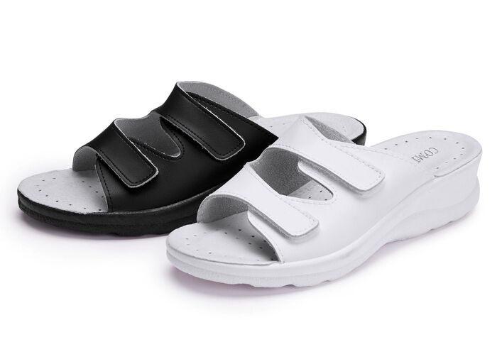 Tweepack klassieke damesmuiltjes, breedte H, met klittenbandsluiting 1x WIT, 1x ZWART