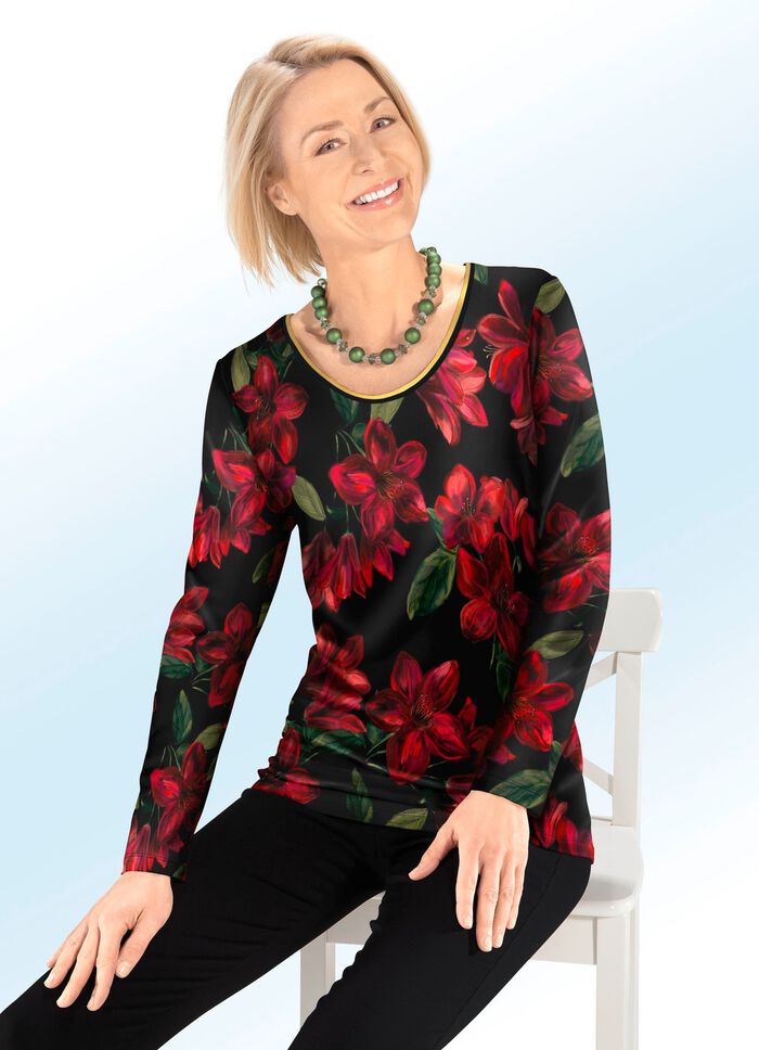 Shirt met glanzende band op de ronde hals 