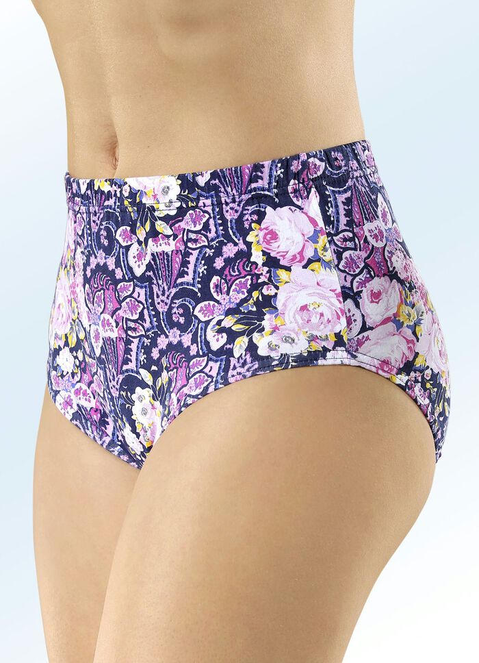 Set van vijf slips in marine met roze-geel-bont printdessin 