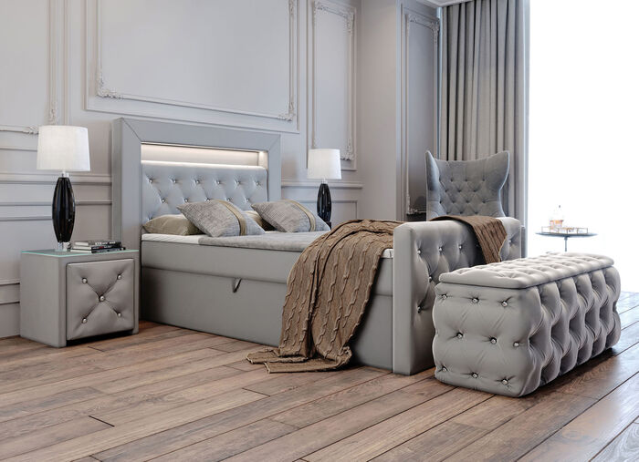 Boxspringbed met LED-verlichting, topper en nachtkastje GRIJS